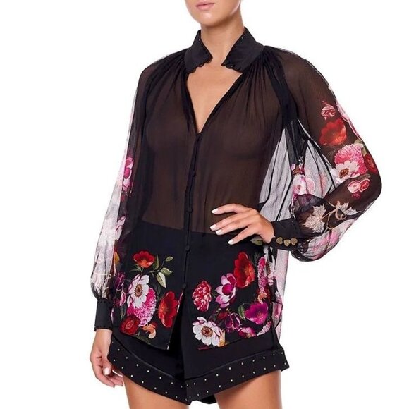 Camilla Mirror Mirror Raglan Button Up Shirt Black Floral Sheer Silk Blouse Sz L - Picture 1 of 16